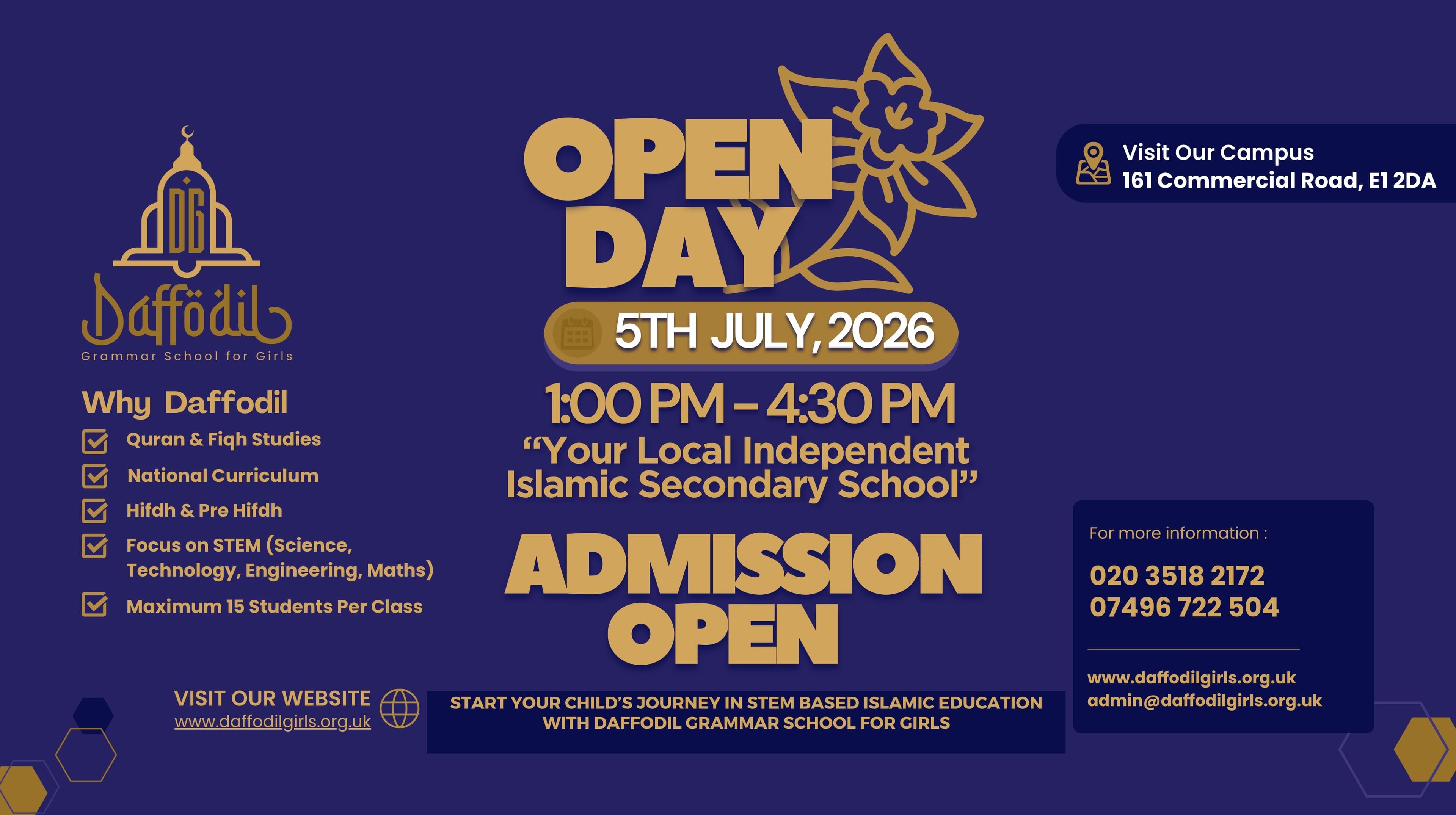 Daffodil Grammar School for Girls — Open Day 5th July 2026, 1:00 PM – 4:30 PM. Admission Open.
